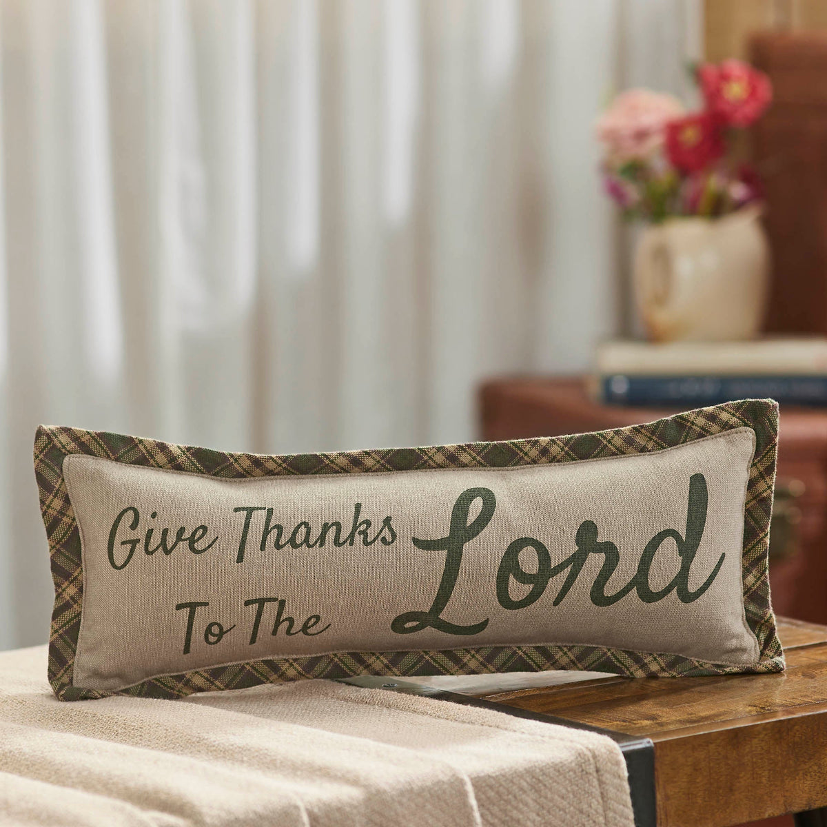 Harvest Blessings Give Thanks Lord Lumbar Throw Pillow, Decorative Accent Cushion, Fall Farmhouse Christian Home Decor