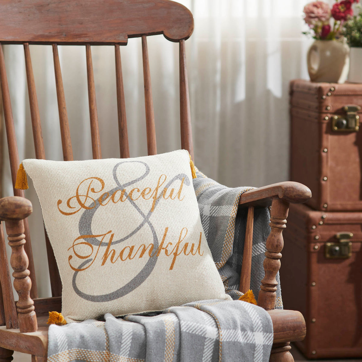 Harvest Blessings Peaceful Thankful Woven Decorative Throw Pillow Inch Square Fall Farmhouse Accent