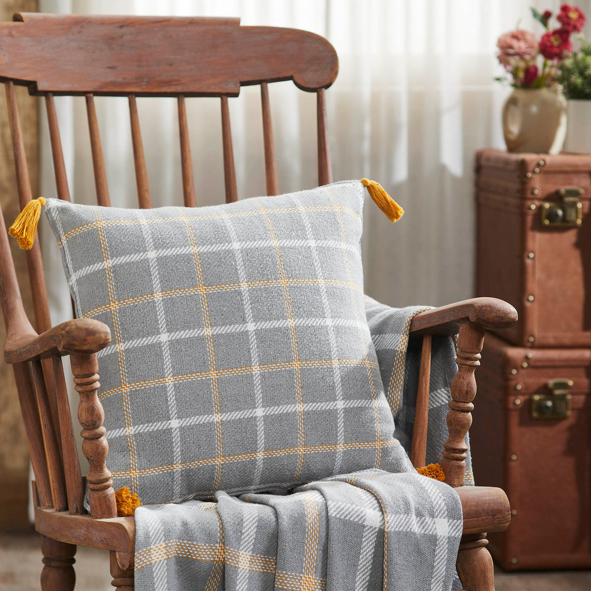 Harvest Blessings Farmhouse Rustic Woven Plaid Decorative Throw Pillow, Autumn Fall Accent
