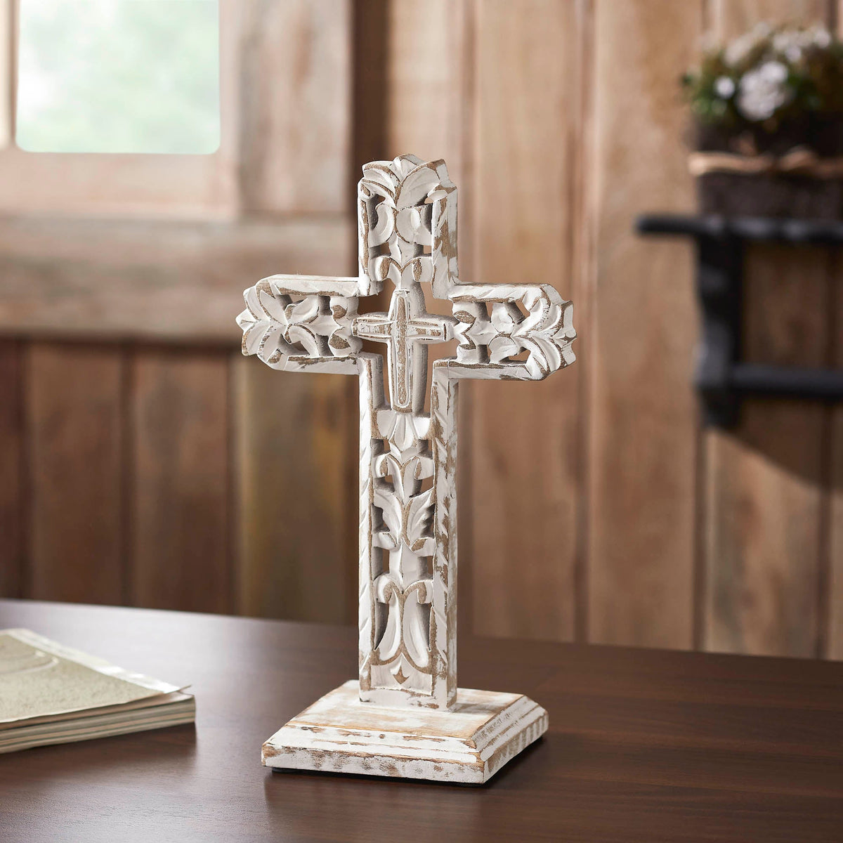 Distressed White Ornate Wooden Cross w/ Base