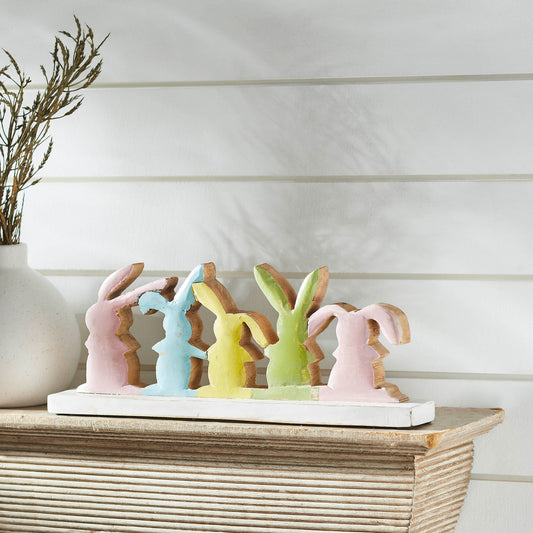 Bunny Hop Rustic Wooden Bunny Silhouette Shelf Sitter - Set of 5 Connected Easter Rabbits - Distressed White Spring Decor - 5x13.5x2