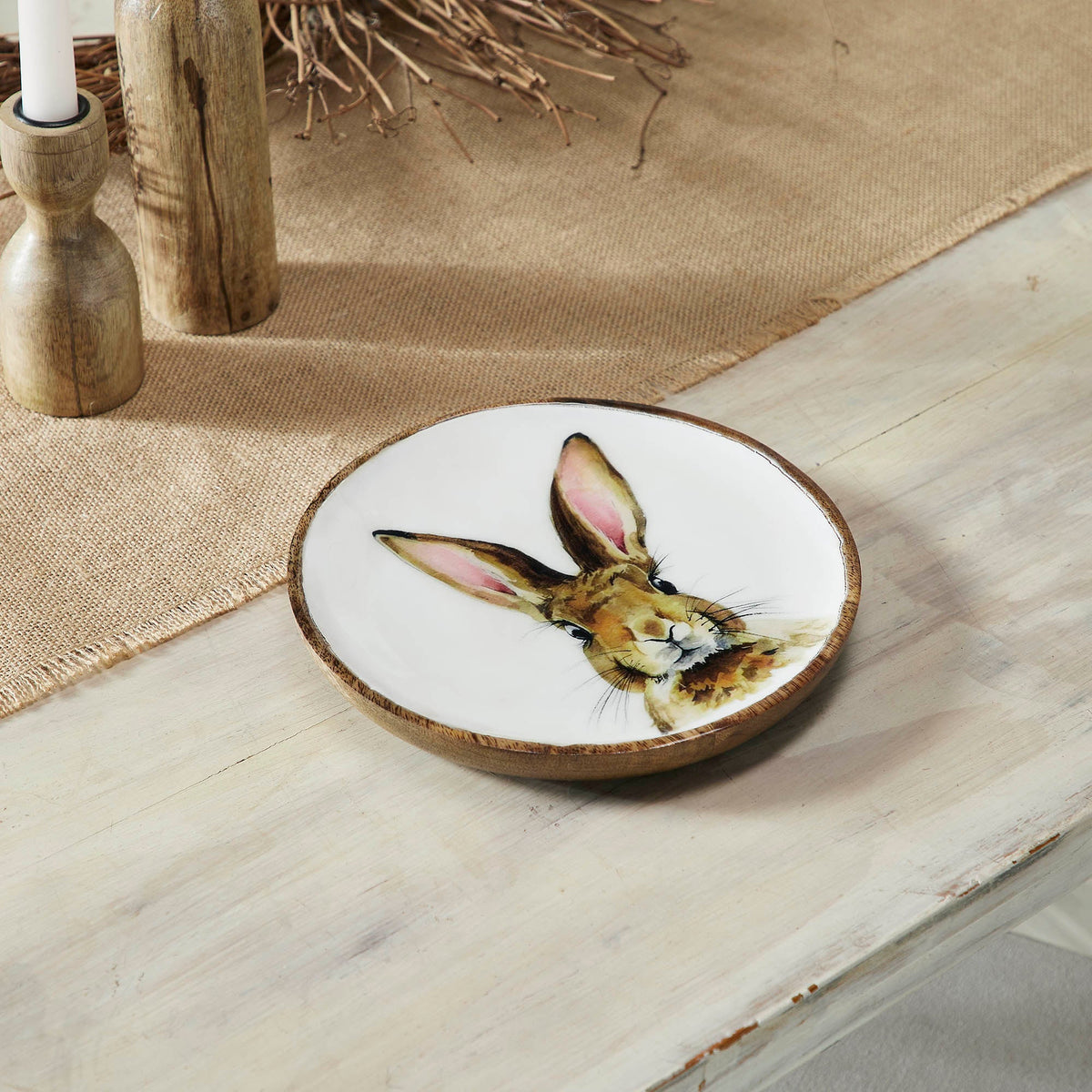 Bunny Hop Decorative Wooden Plate with White Bunny Motif- Rustic Farmhouse Spring Accent- 8.5 Diameter