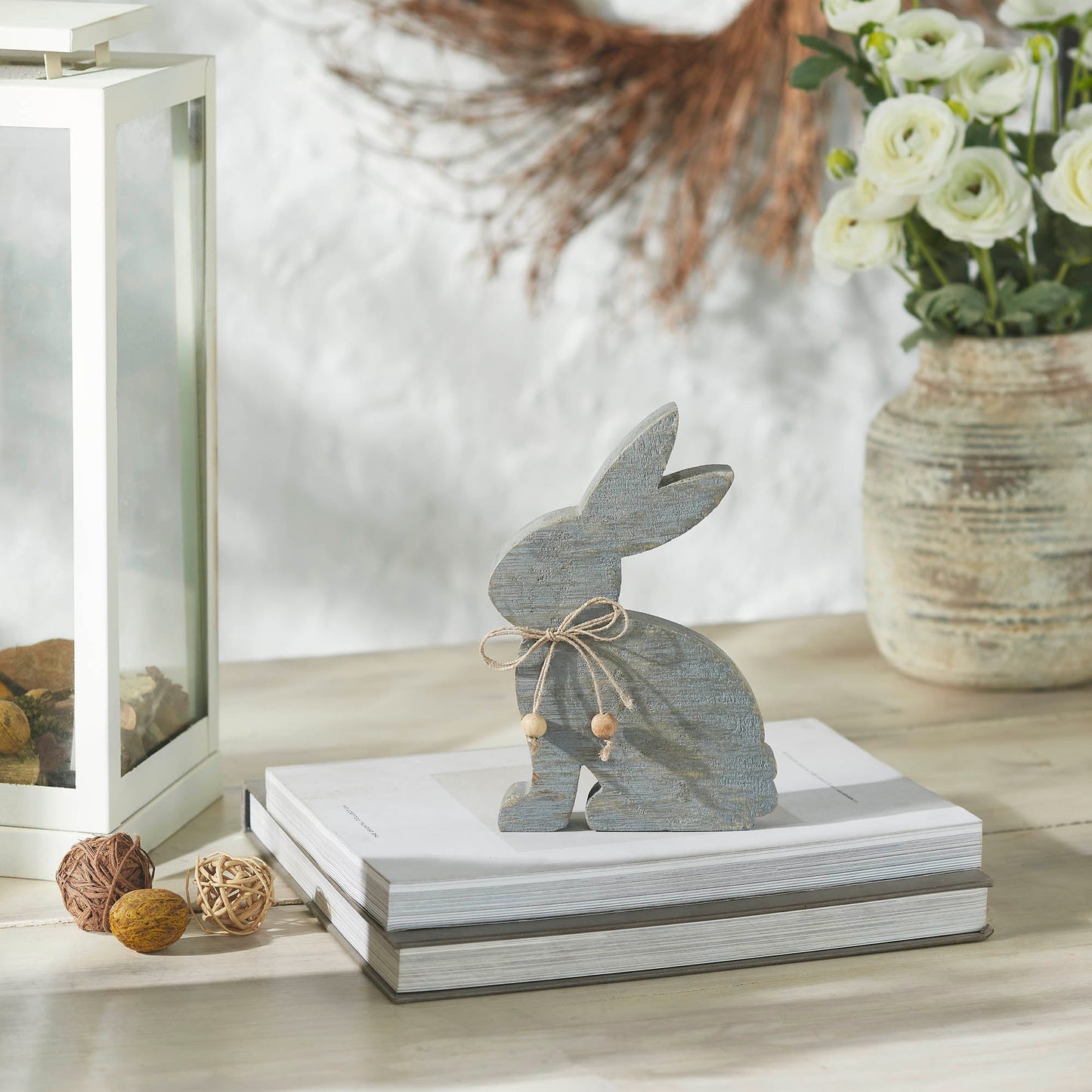 Bunny Hop Wooden Sitting Bunny Grey w/ Natural Beads
