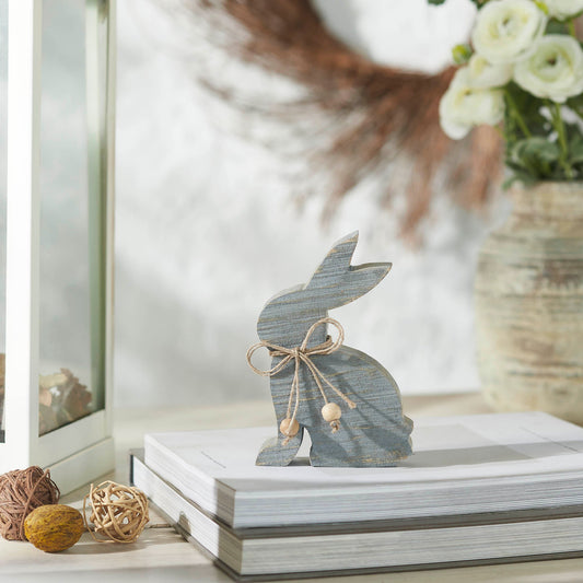 Bunny Hop Grey Wooden Sitting Bunny with Natural Bead Collar- Rustic Farmhouse Easter Decor