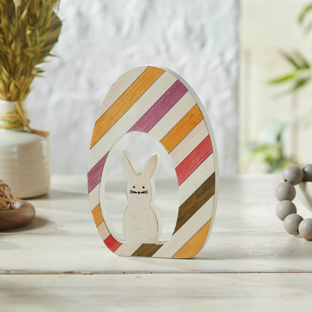 Bunny Hop MDF Bunny In Striped Egg