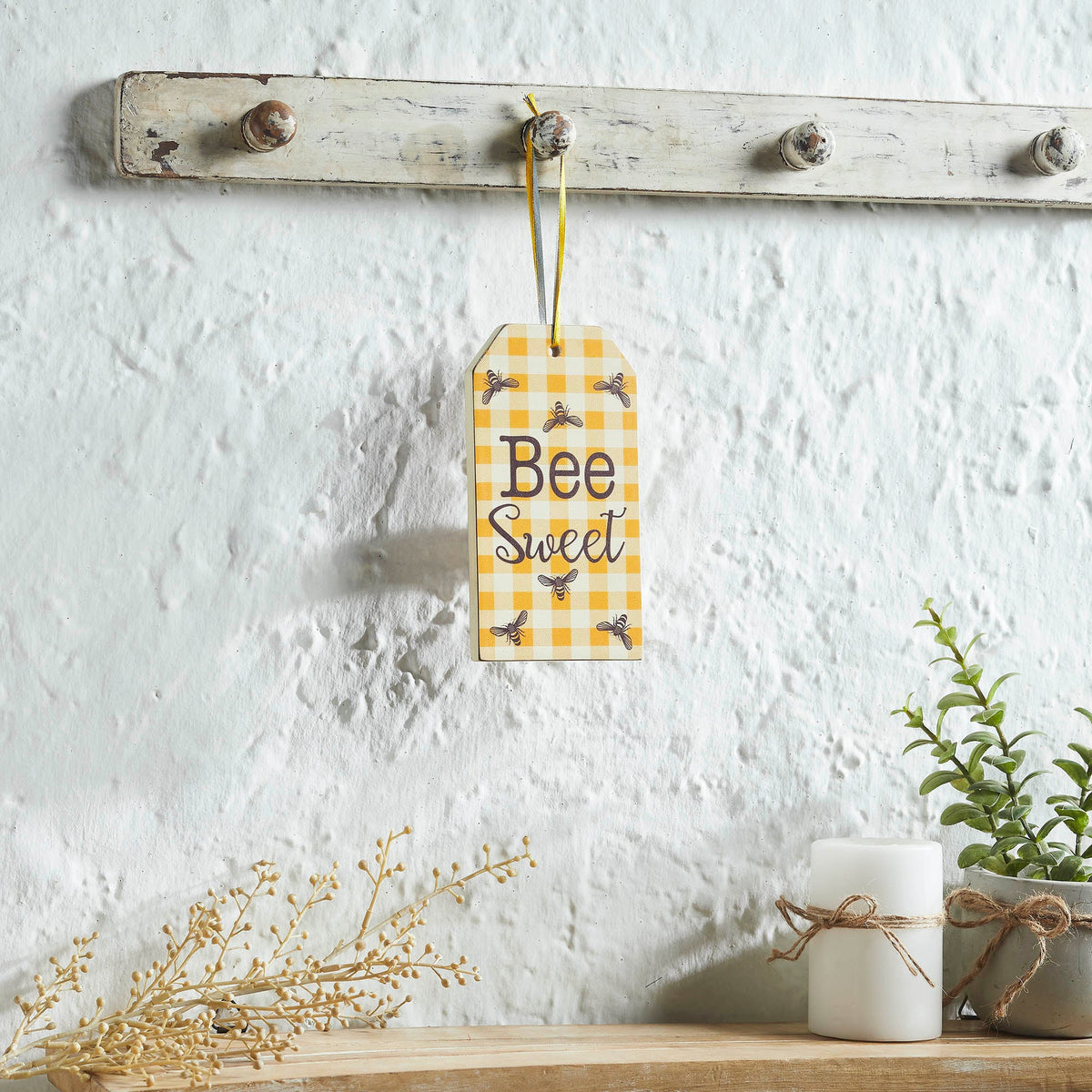 Buzzy Bees Bee Sweet Honey Check MDF Tag Ornament w/ Ribbon