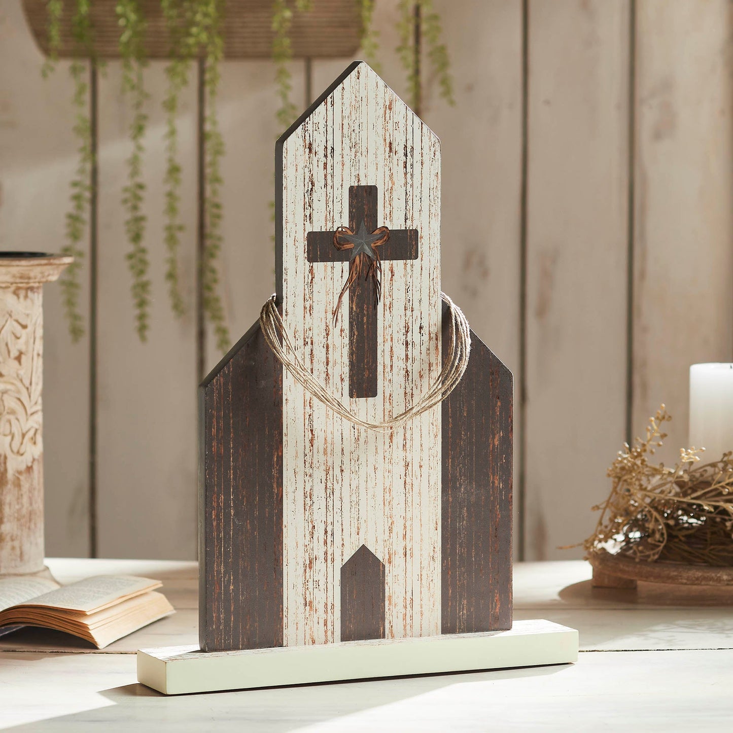 Celebrate Grace MDF Church w/ Cross Star & Jute Twine Coil
