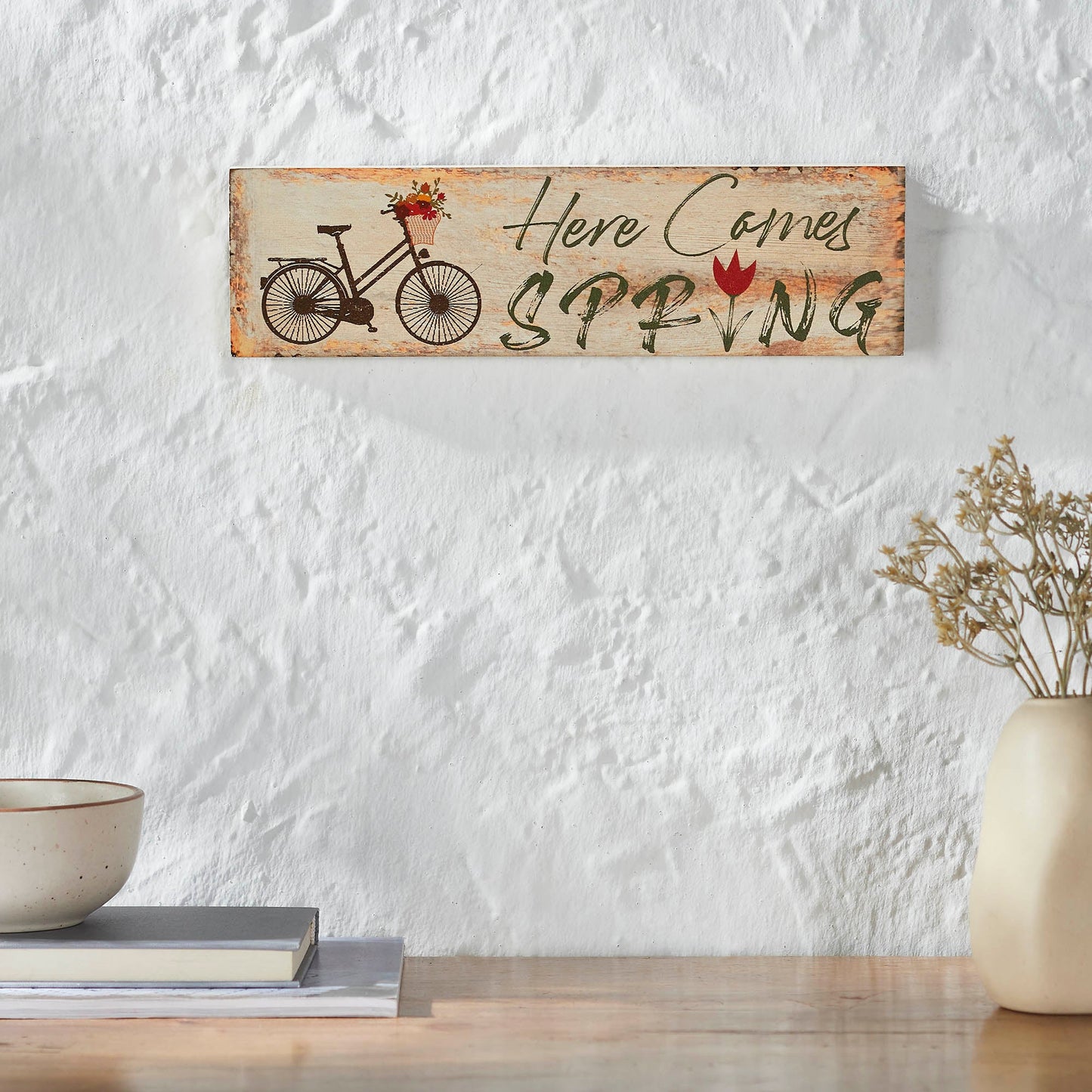 Spring In Bloom Here Comes Spring w/ Bicycle & Tulip MDF Wall Sign