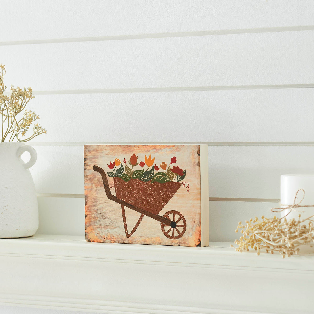 Spring In Bloom Wheelbarrow Of Flowers MDF Block Sign