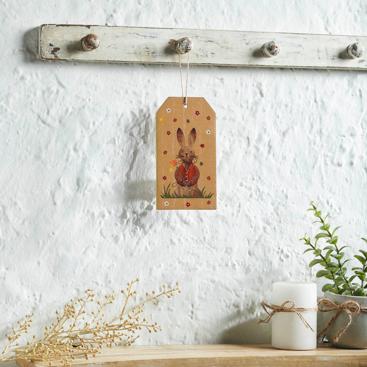 Spring In Bloom Bunny In Vest MDF Tag Ornament w/ Twine