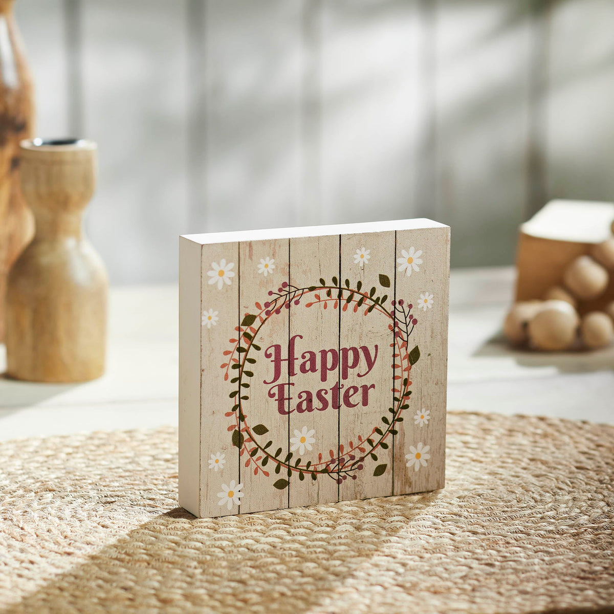 Spring In Bloom Happy Easter w/ Wreath Shiplap MDF Block Sign