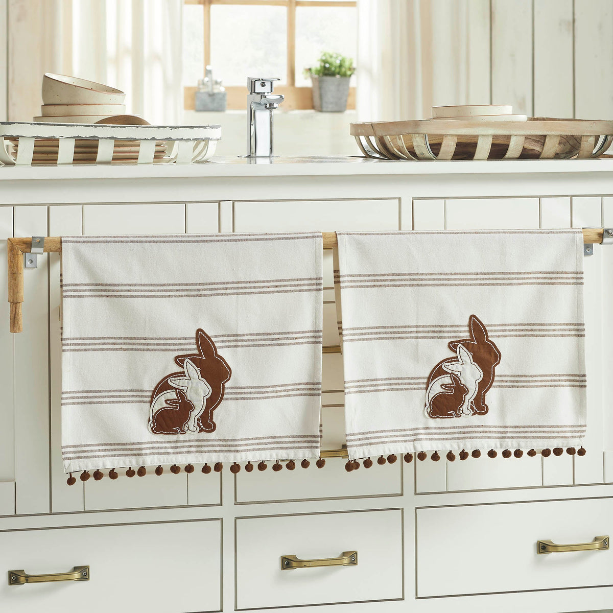 Bunny Hop Silhouette Bunnies w/ Pom Poms Tea Towel Set of 2