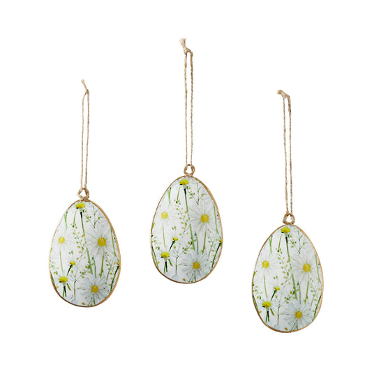 Spring In Bloom Metal Daisies Egg Ornament Set of 3 4x2.5