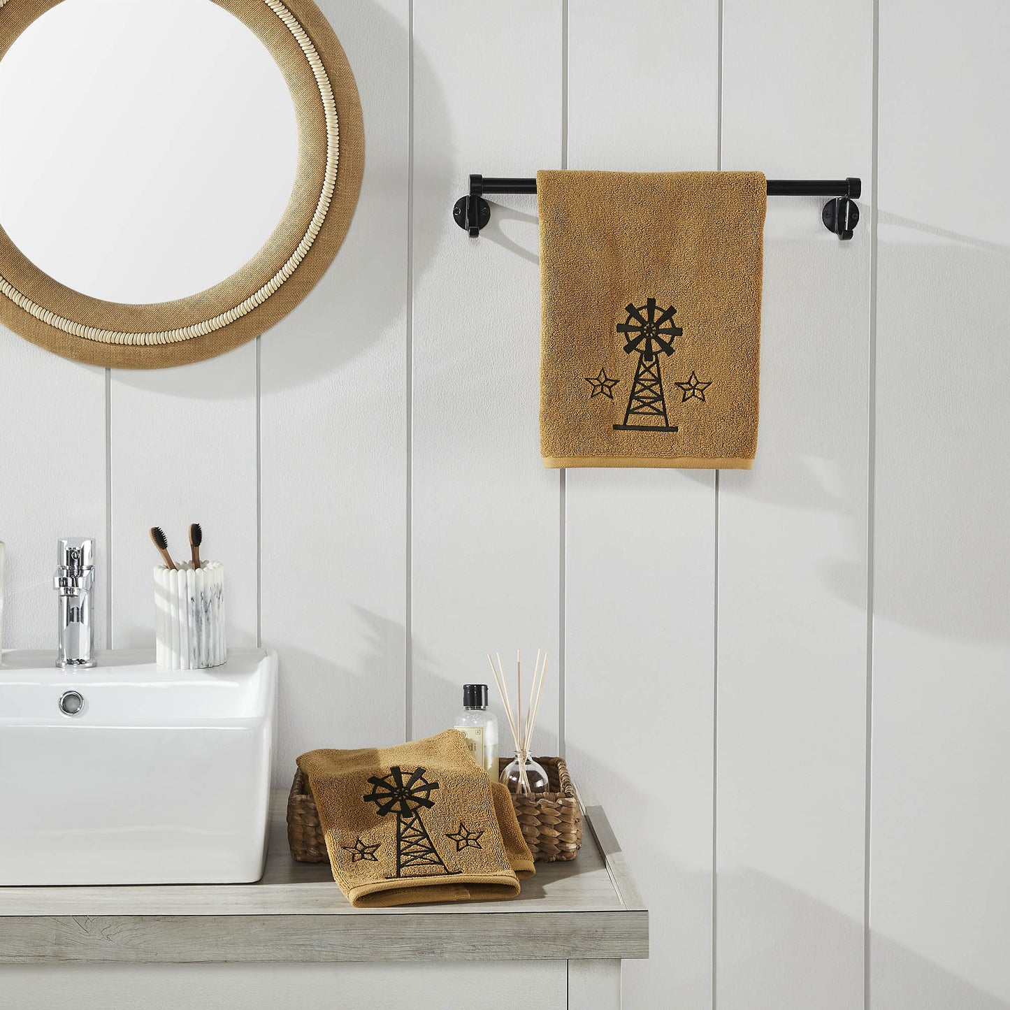 Black Windmill & Stars Tan Hand Towel Set of 2