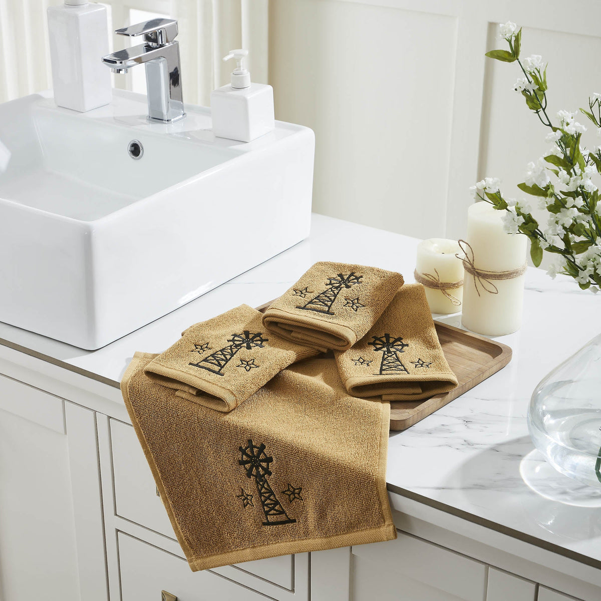 Black Windmill & Stars Tan Washcloth Set of 4