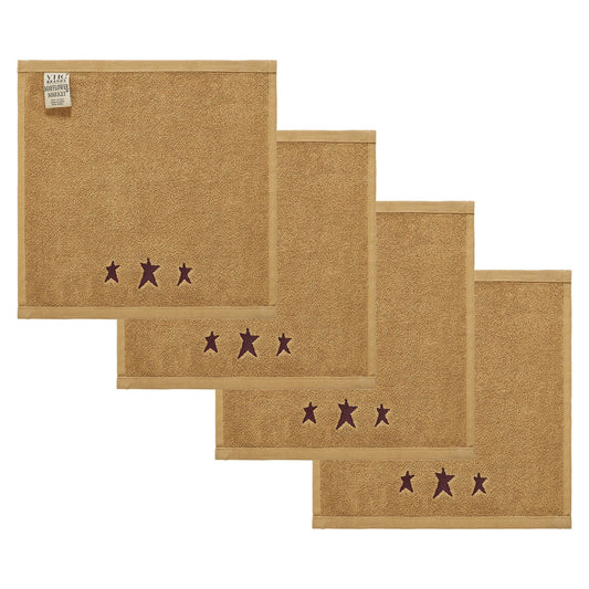 Burgundy Prim Stars Tan Washcloth Set of 4 12x12