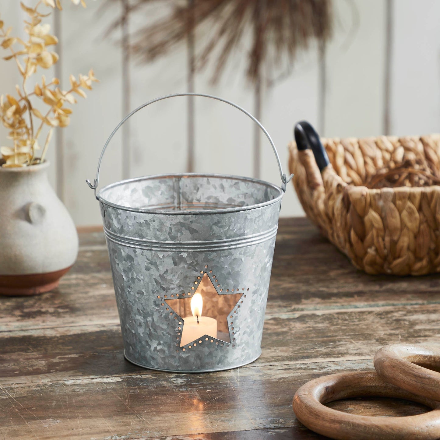 Metal Bucket w/ Star Cutout Galvanized
