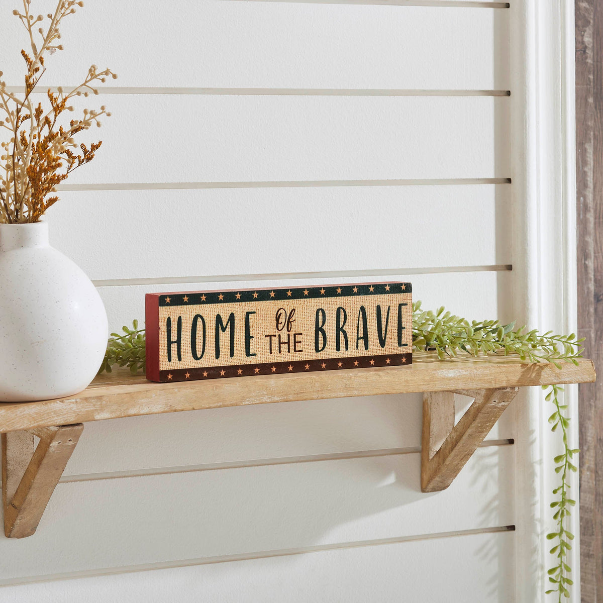 Home Of The Brave w/ Red Blue Star Stripes MDF Block Sign