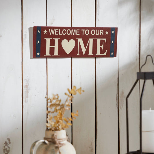 Welcome To Our Home w/ White Stars On Blue Stripes MDF Wall Sign 6x18