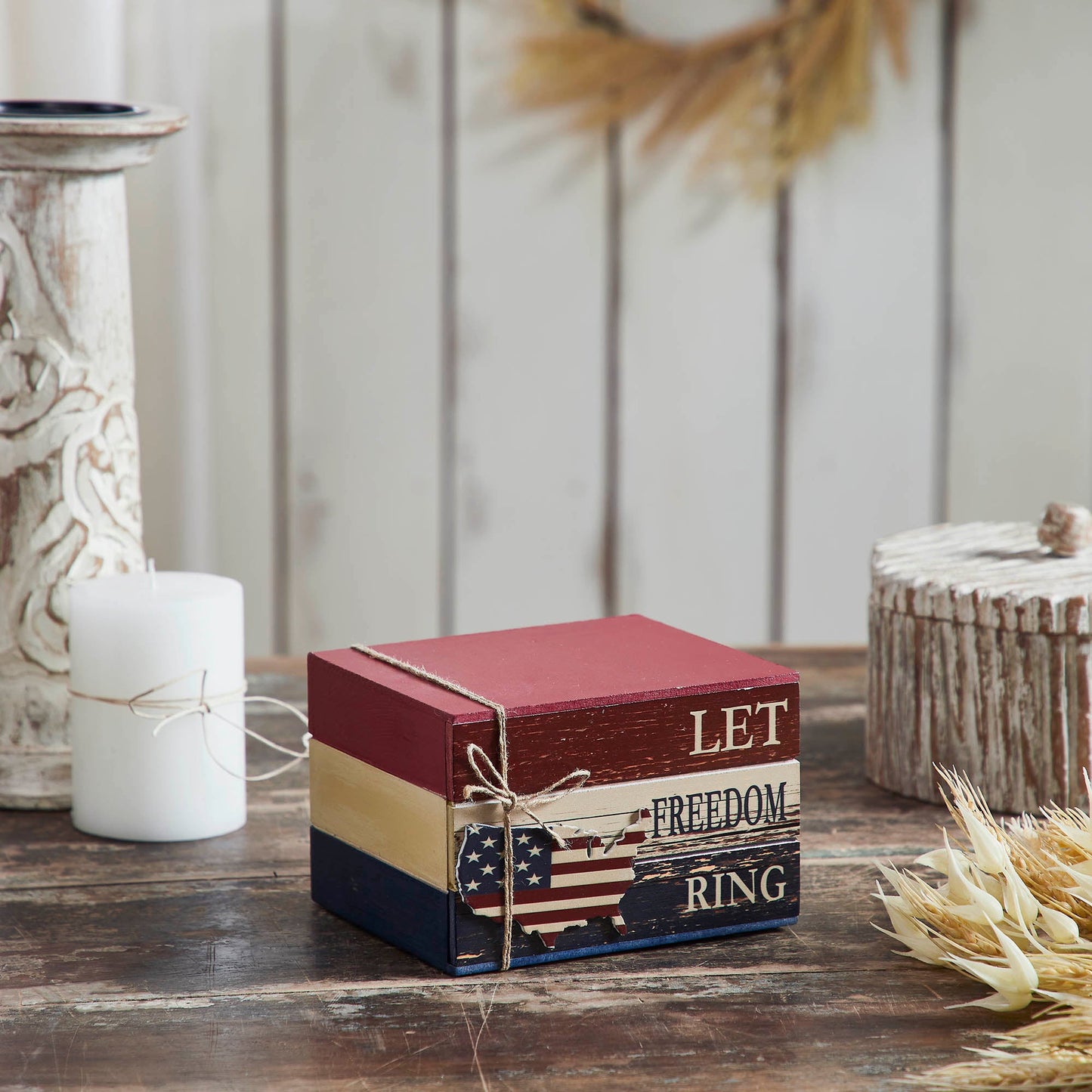 Let Freedom Ring MDF Block Sign w/ American Map Ornament On Twine 4x6x5