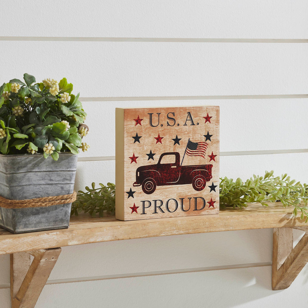 My Country USA Proud Red Truck w/ Red & Blue Stars MDF Block Sign