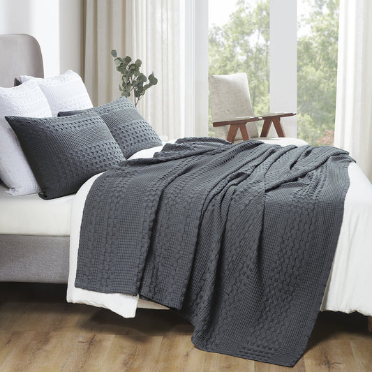 Dark Grey Waffle Weave Queen Blanket 90x90 - 100% Cotton, Lightweight Cover for Bed & Sofa