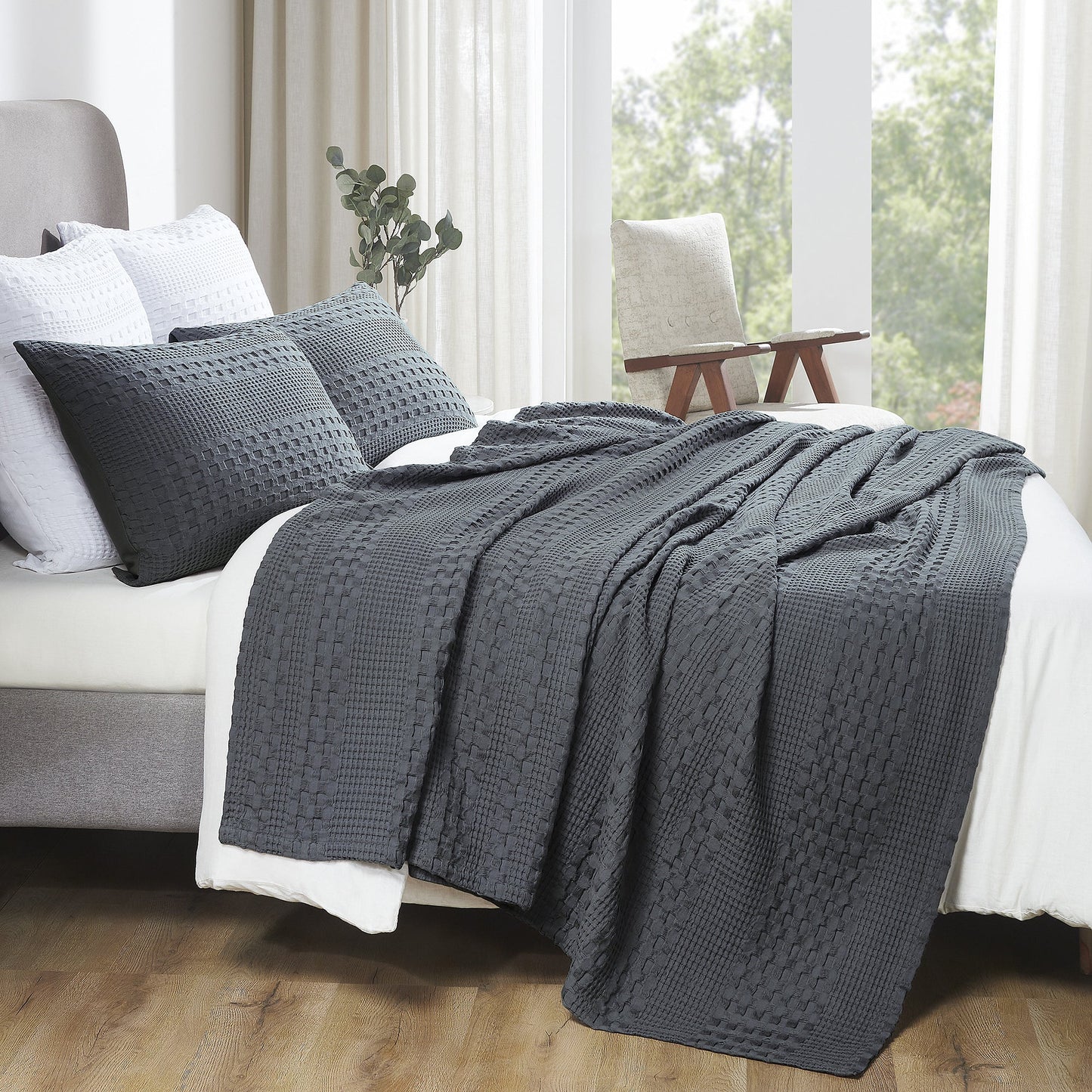 Dark Gray Waffle Weave Cotton Queen Blanket - 90x90 - Lightweight Bed & Sofa Cover -
