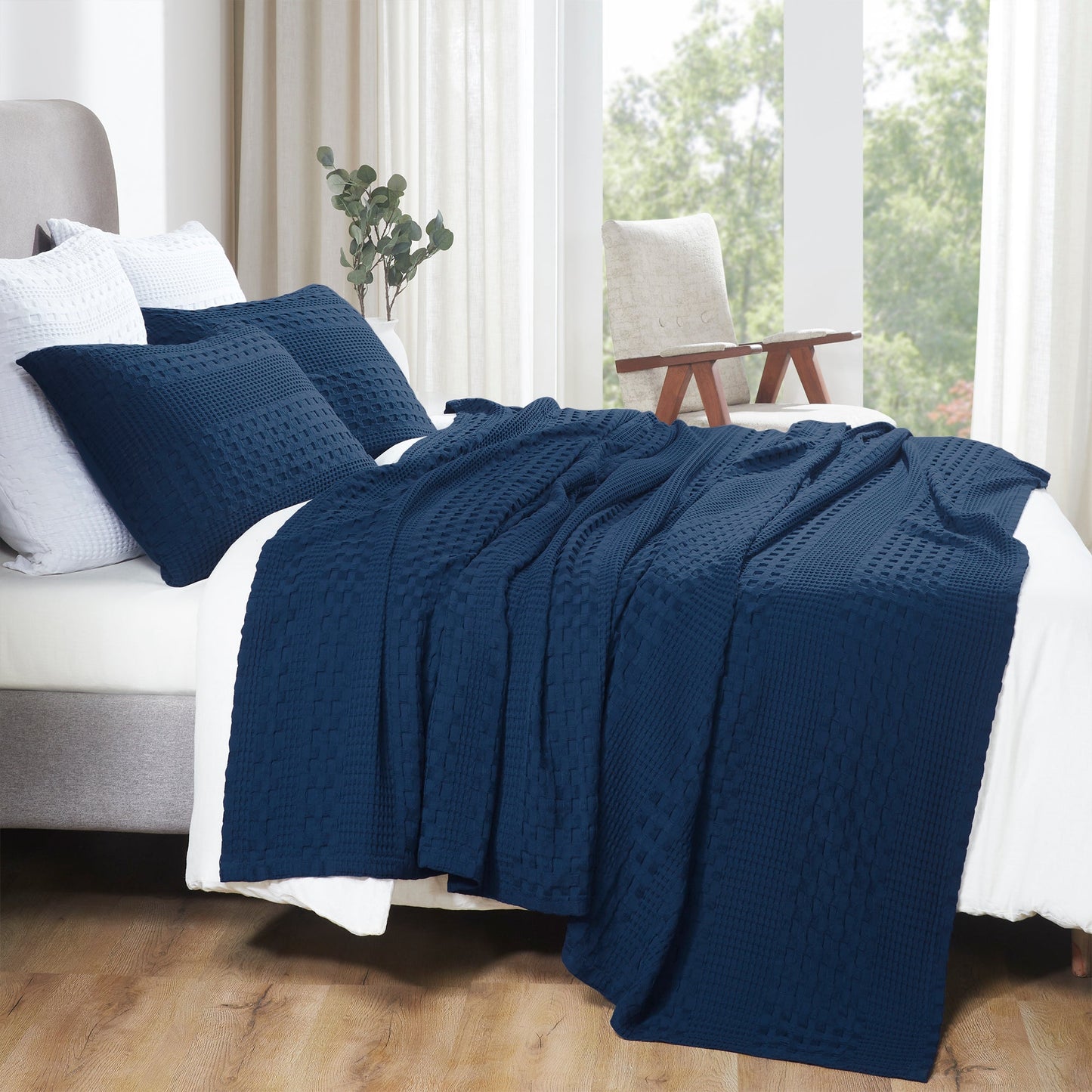Waffle Weave Navy Blue Queen Blanket 90x90 - 100% Cotton, Lightweight & Breathable Cover for Bed, Couch, Sofa - Farmhouse Bedroom Decor