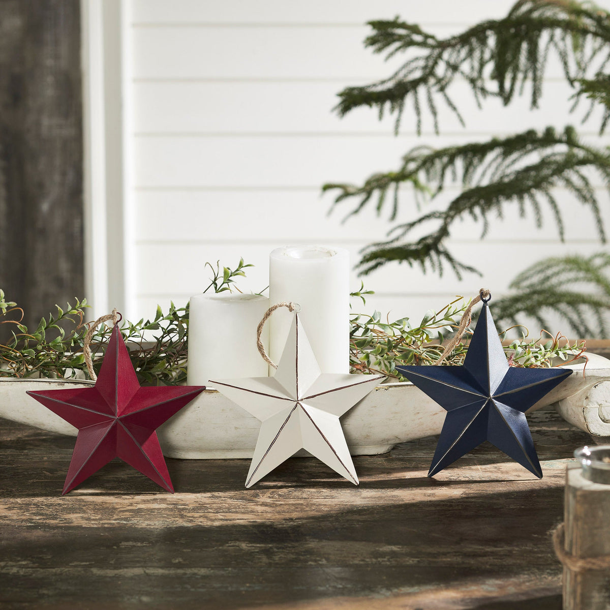 Painted Metal RWB Stars Ornament Set of 3 Colors