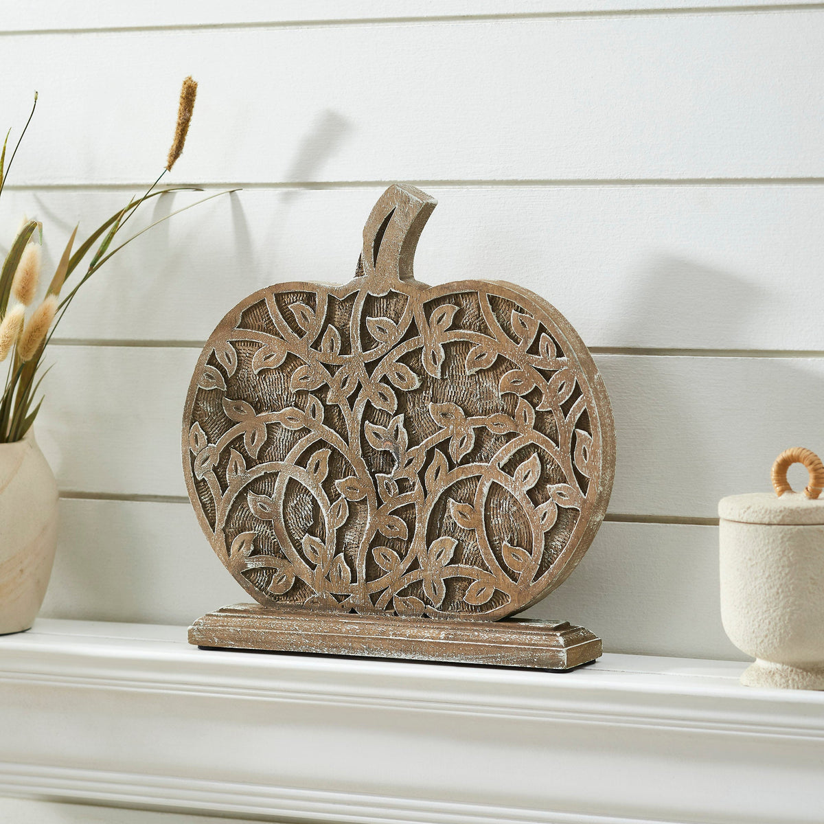 Harvest Vine Carved Wooden Pumpkin Rustic Natural Fall Tabletop Decor Autumn Accent