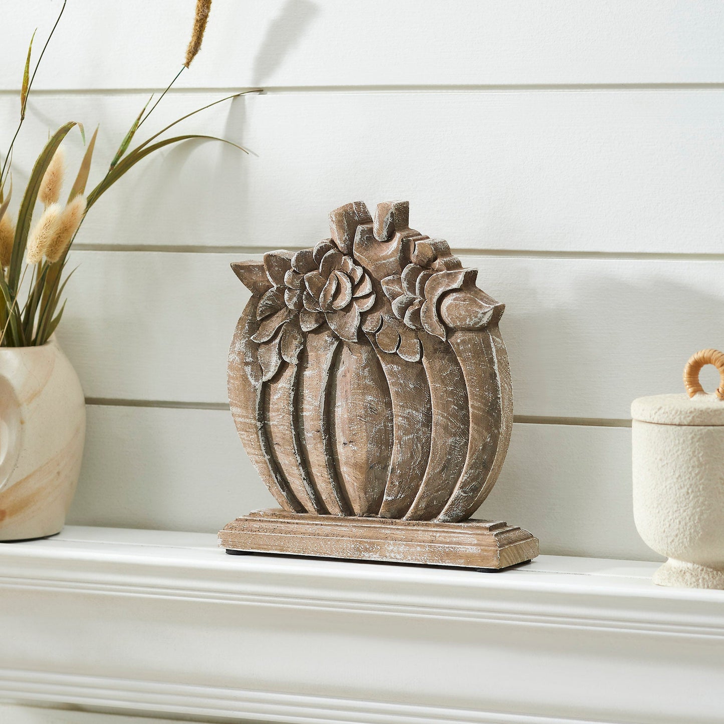 Rustic Farmhouse Carved Wooden Floral Crown Pumpkin Autumn Fall Harvest Tabletop Decor 8.5x8x2 Inch
