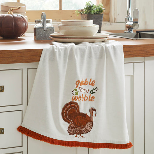 Festive Thanksgiving Gobble Til You Wobble Cotton Kitchen Dish Towel 19x28 Absorbent Fall Decor