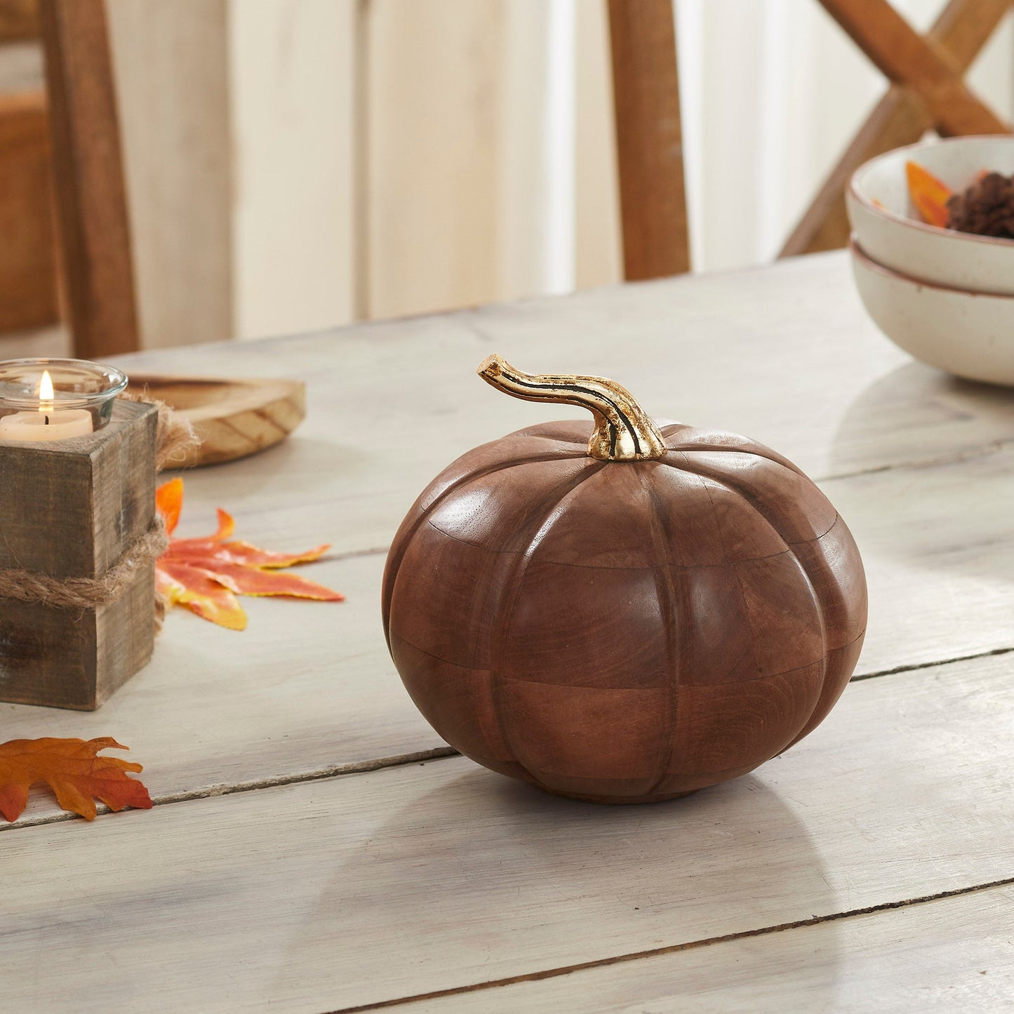 Heirloom Rustic Wooden Pumpkin Decor Chestnut Solid Wood Handcrafted Fall Autumn Harvest Tabletop Accent 6.5x7x7 Inches