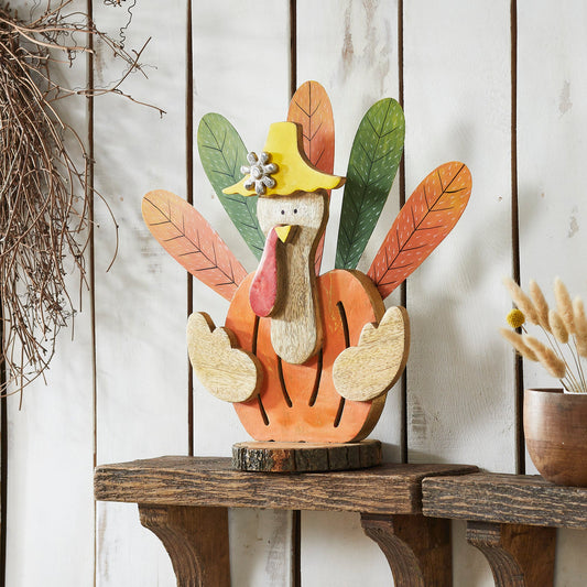 Whimsical Rustic Wooden Turkey Figurine Fall Thanksgiving Tabletop Home Decor