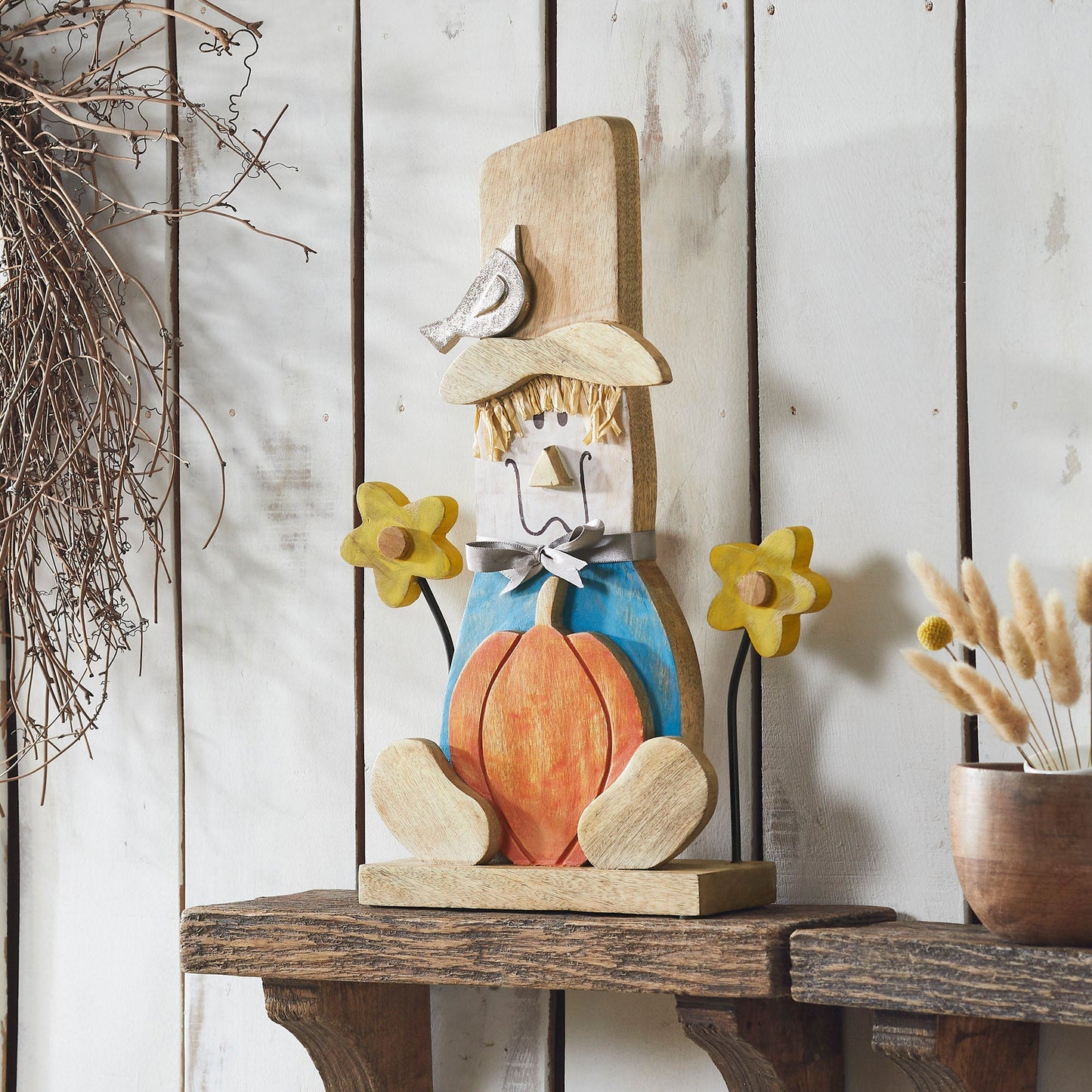 Whimsical Wooden Scarecrow Fall Outdoor Decor for Garden & Porch Rustic Hand Painted Harvest Home Accent H