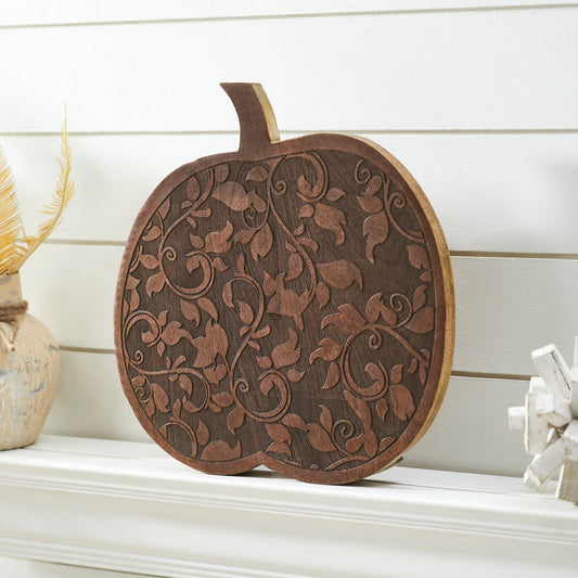 Dark Rustic Wooden Carved Vine Pumpkin 14 Farmhouse Fall Home Decor Accent