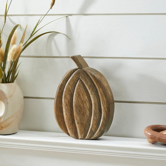Carved Wood Pumpkin Fall Decor Rustic Walnut Brown Tabletop Accent 8x6x1.5 inch