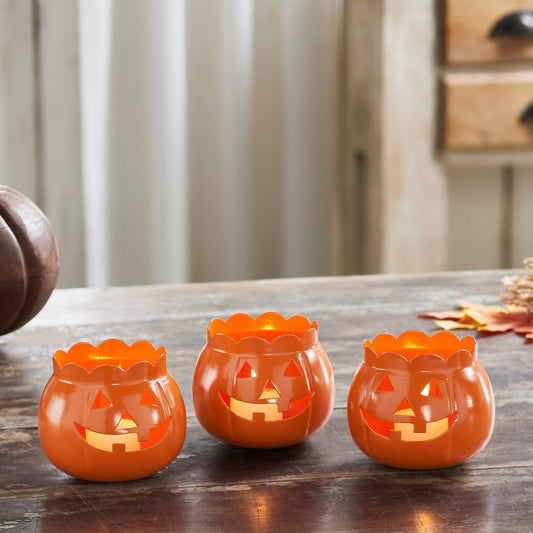 Halloween Jack O Lantern Pumpkin Votive & Tealight Candle Holders (Set of 3) Orange Fall Tabletop Decor 3.5