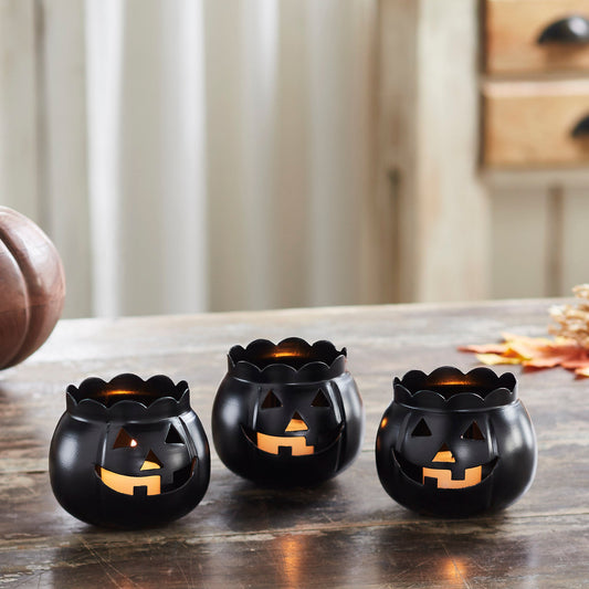 Halloween Black Jack O Lantern Candle Holder Set of 3 Spooky Pumpkin Tabletop Votive & Tea Light Decor, 3.5inch