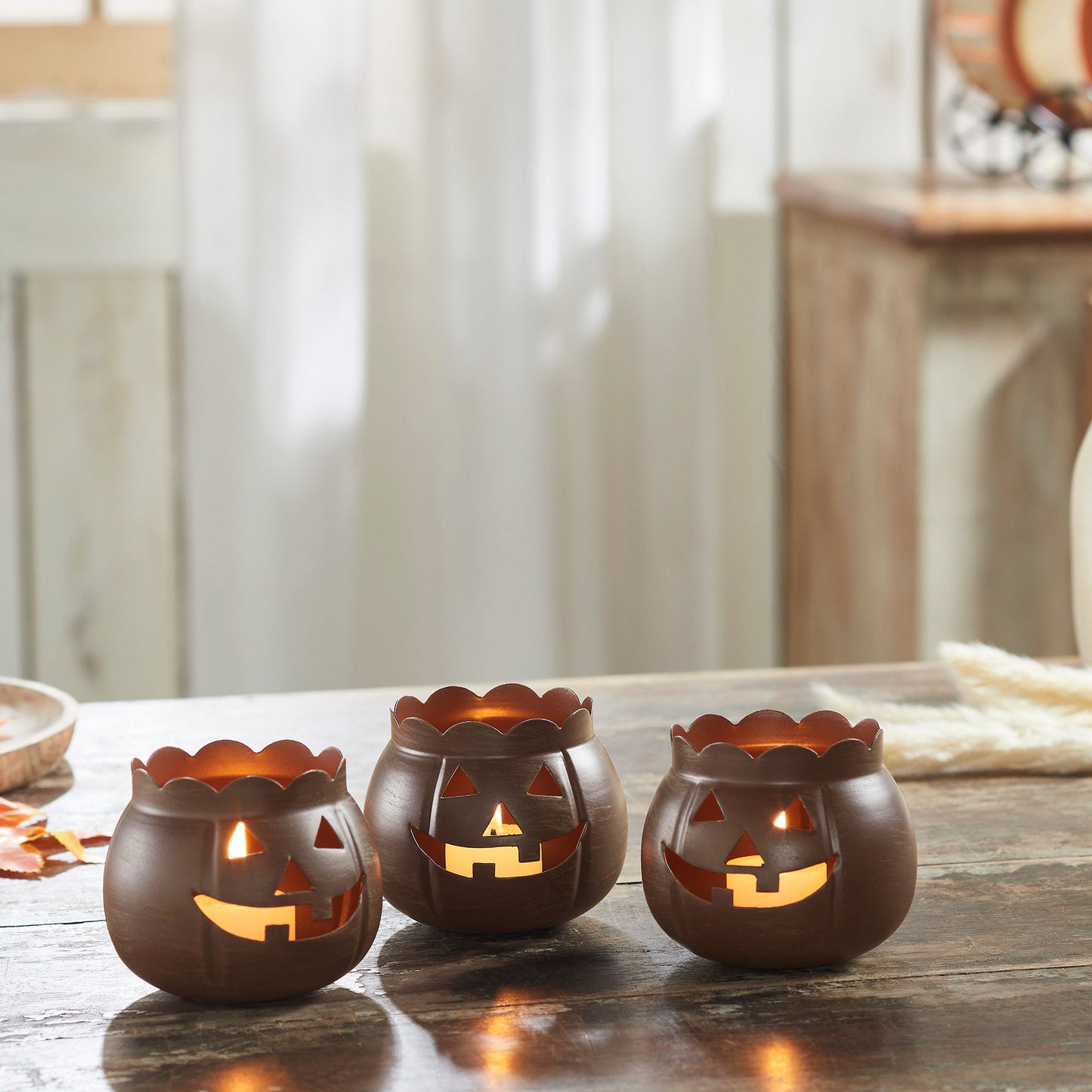 Halloween Tabletop Bronze Jack O Lantern Votive Holders Set of 3 for Fall Decor