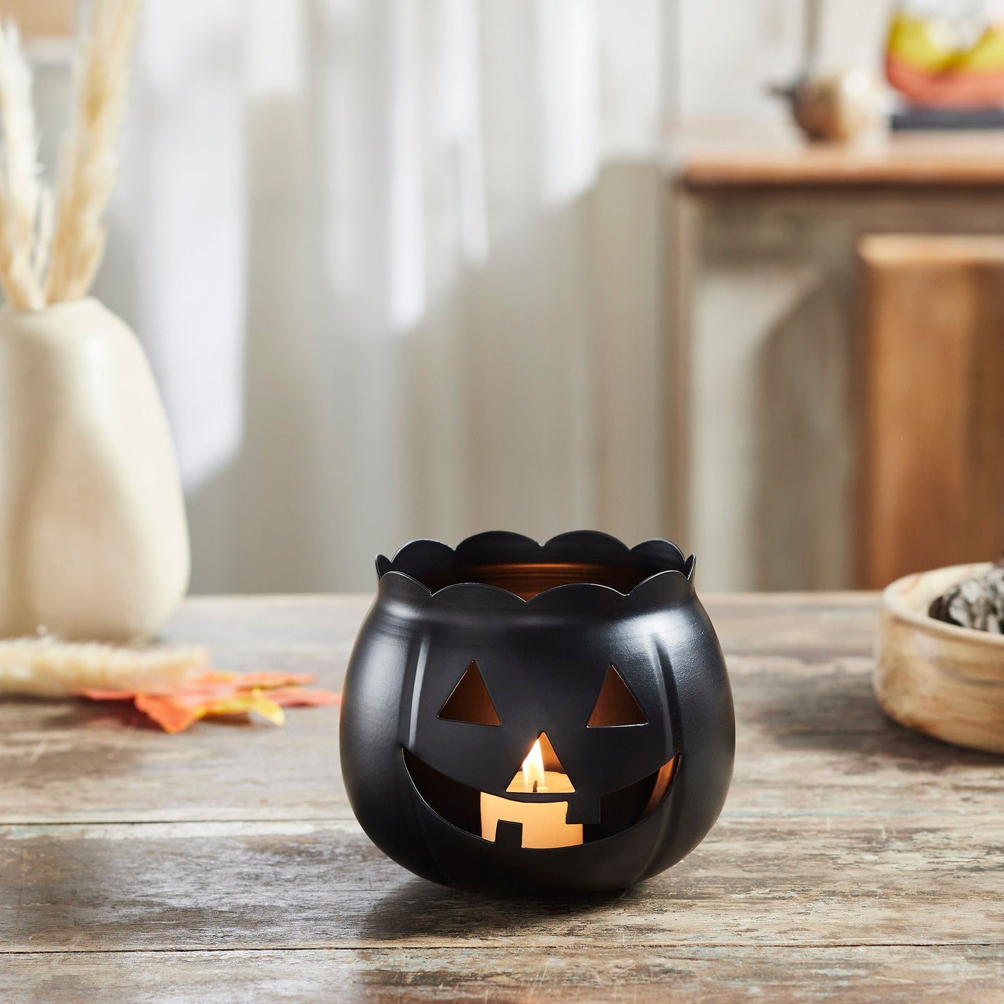 Black Jack O Lantern Halloween Votive Candle Holder, Fall Pumpkin Decor, 4.25x5.25x5.25