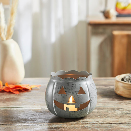 Decorative Halloween Jack O Lantern Candle Holder Antique Grey Fall Tabletop Decor 4.25x5.25x5.25