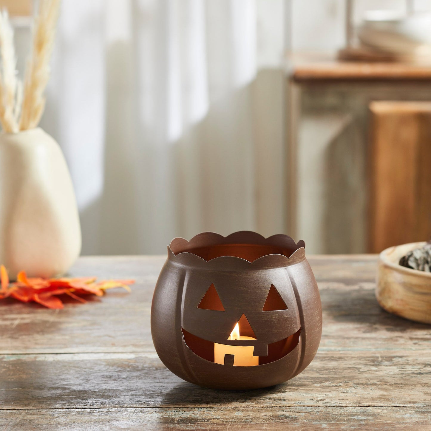 Halloween Bronze Jack O Lantern Votive Candle Holder Fall Pumpkin Metal Tabletop Decor 4.25in x 5.25in