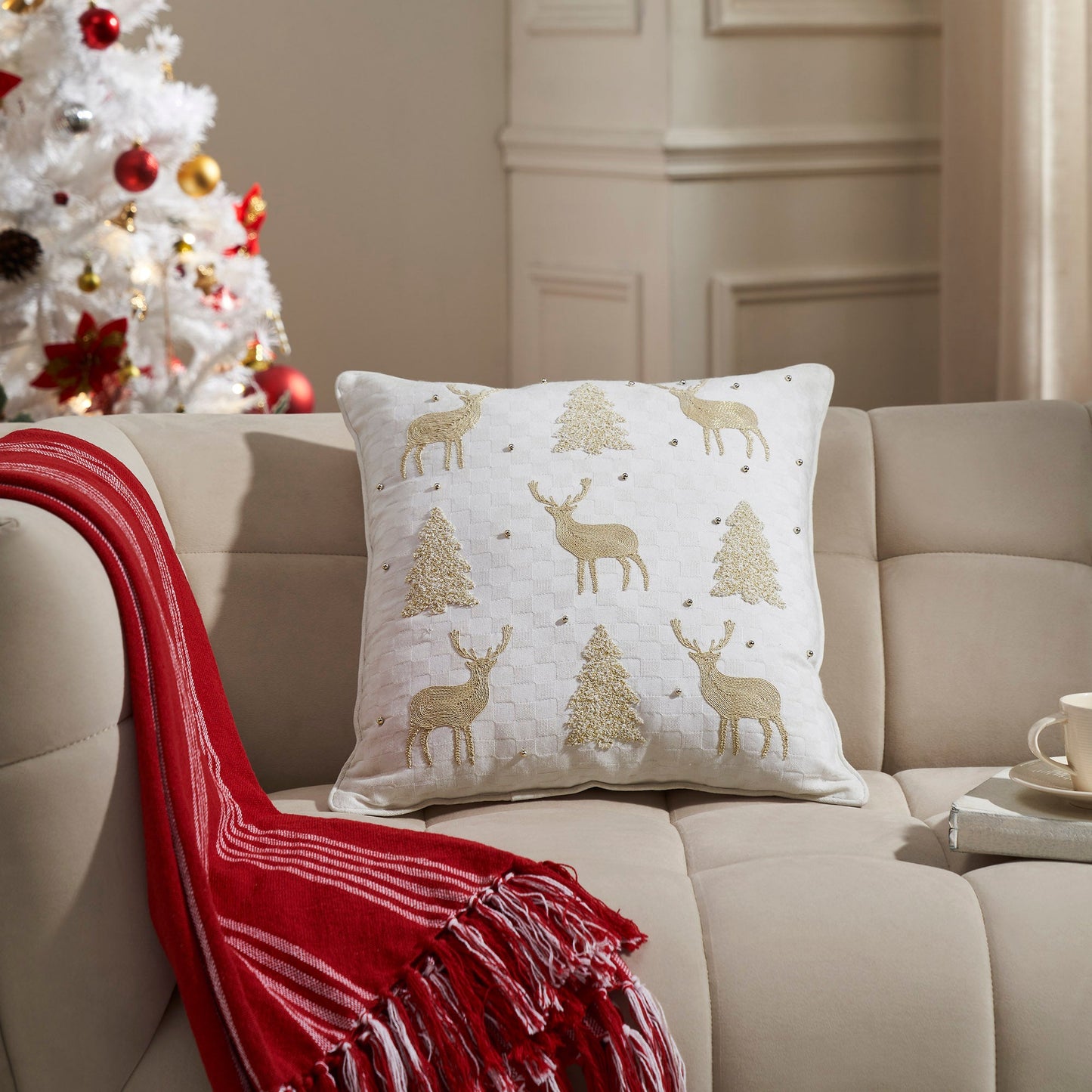 Golden Deer and Pine Embroidered Pillow