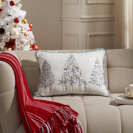 White Christmas Silver and Gold Embroidered Pillow with Beads