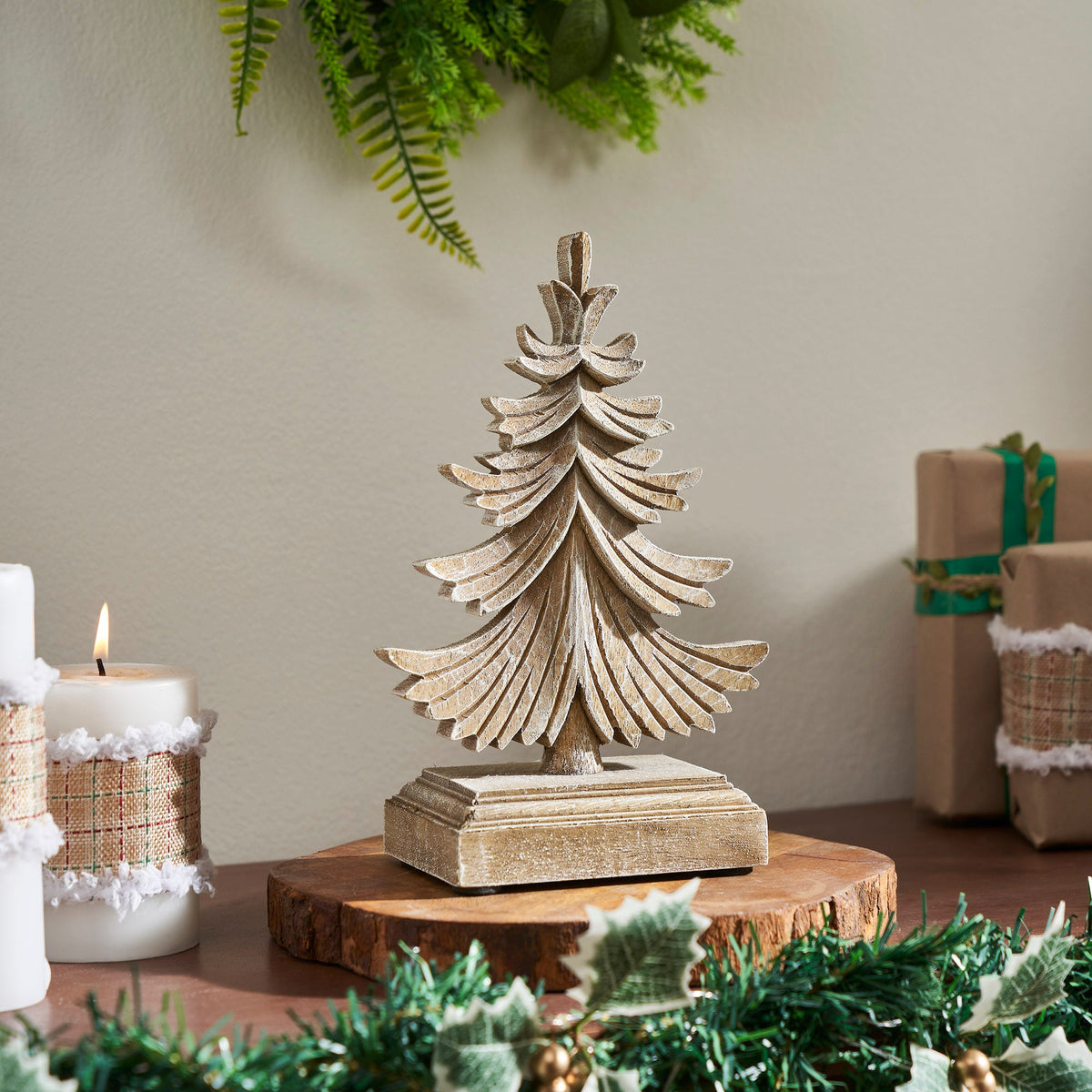 Feathered Finish Winter Pine Wooden Tree