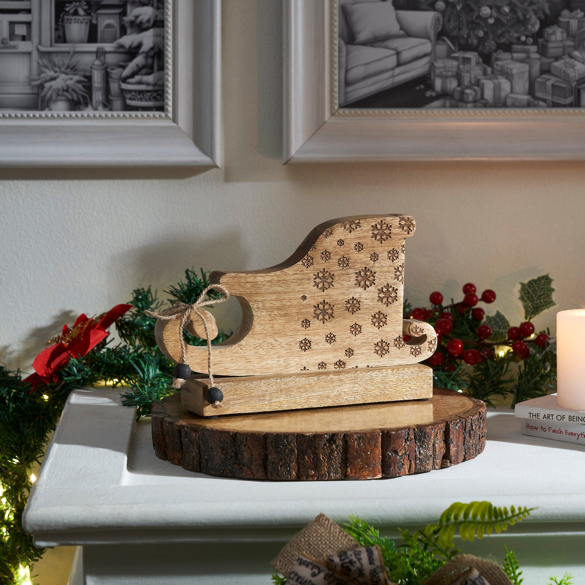 Natural Wooden Snowflake Sleigh
