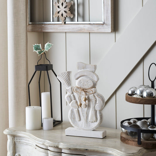Blizzard Bliss Distressed White Wooden Snowman 13x9x2