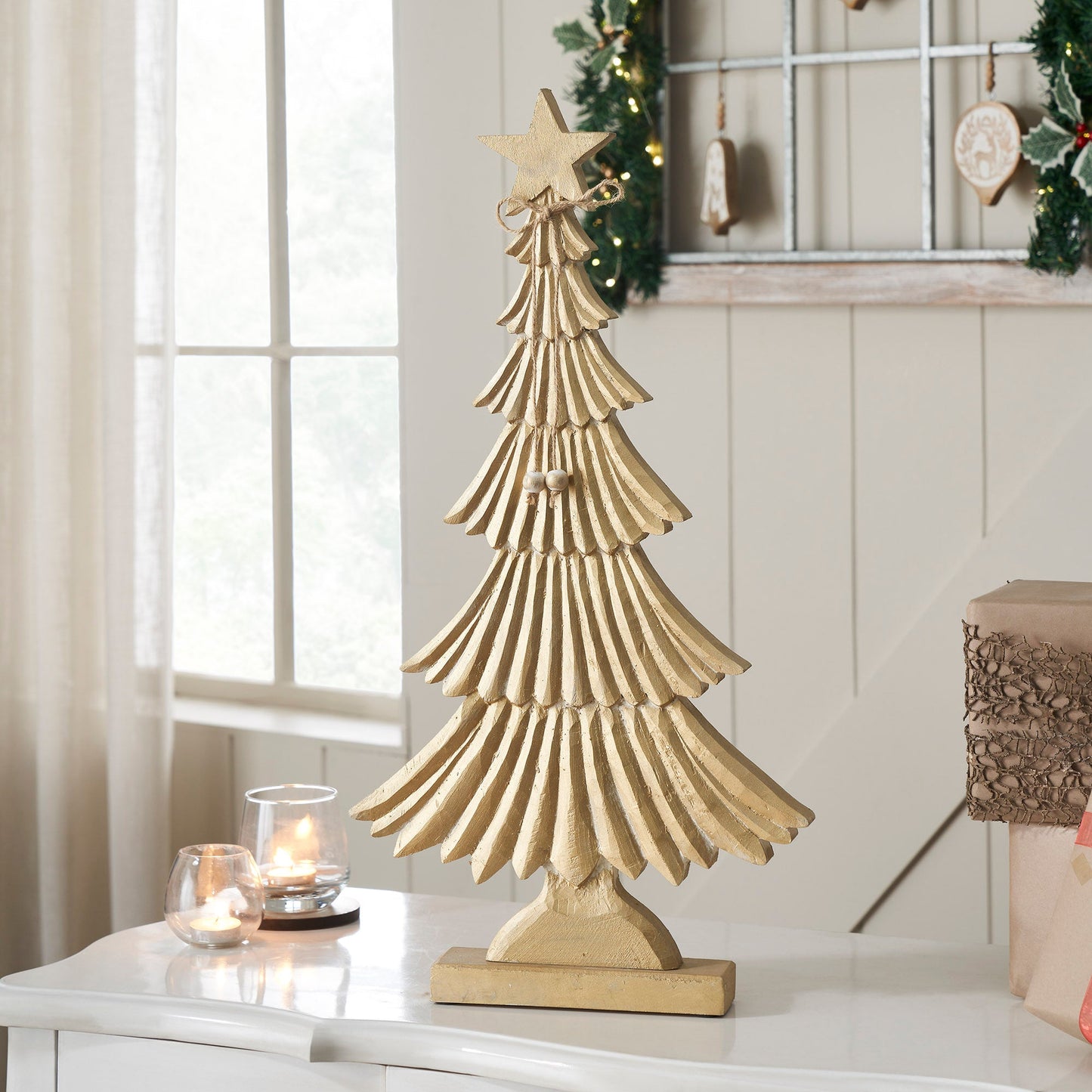 Yuletide Glow Brushed Gold Wooden Tree 24.5x12.75x2