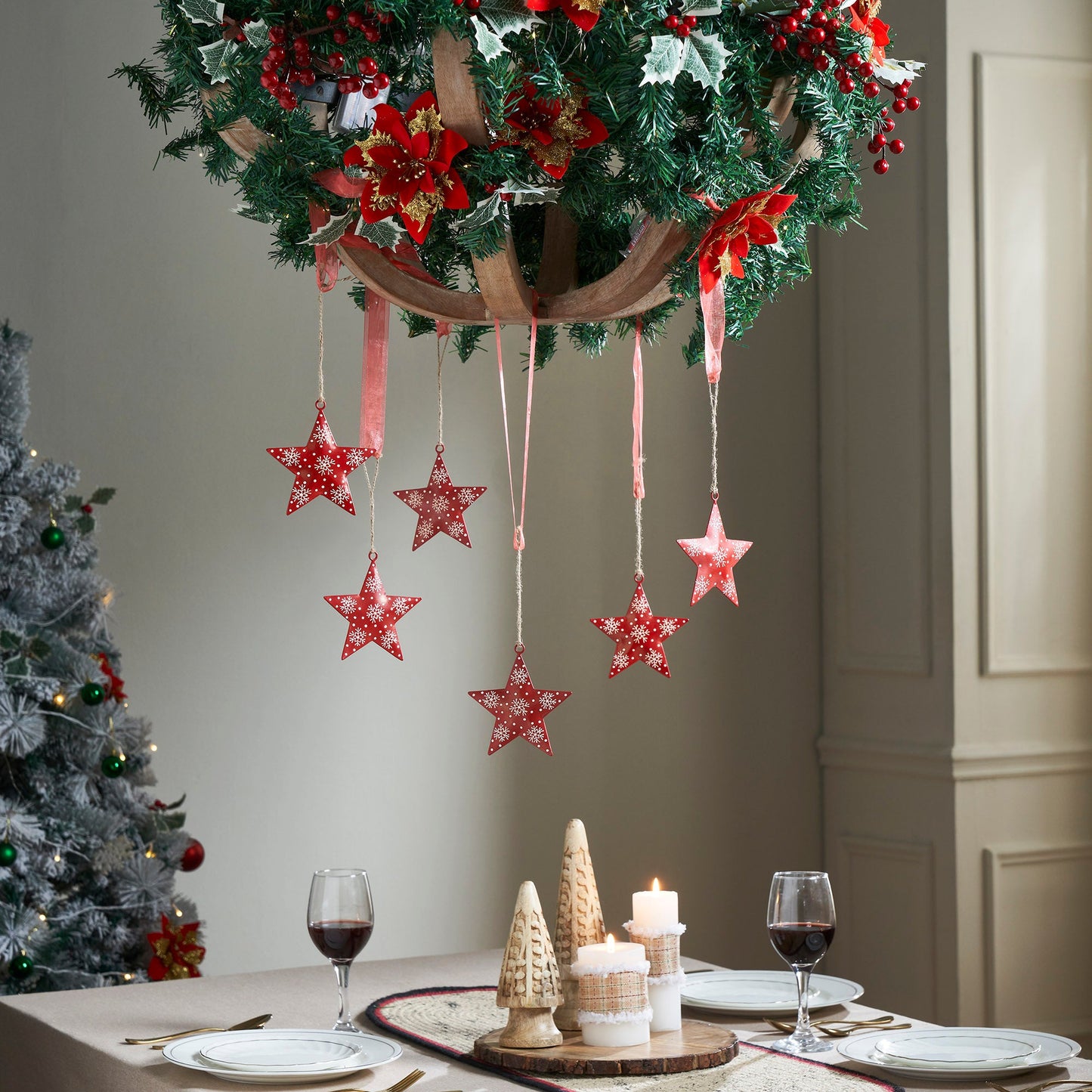 Falling Snow Red Star Metal Ornament Set of 6 - 4 inch